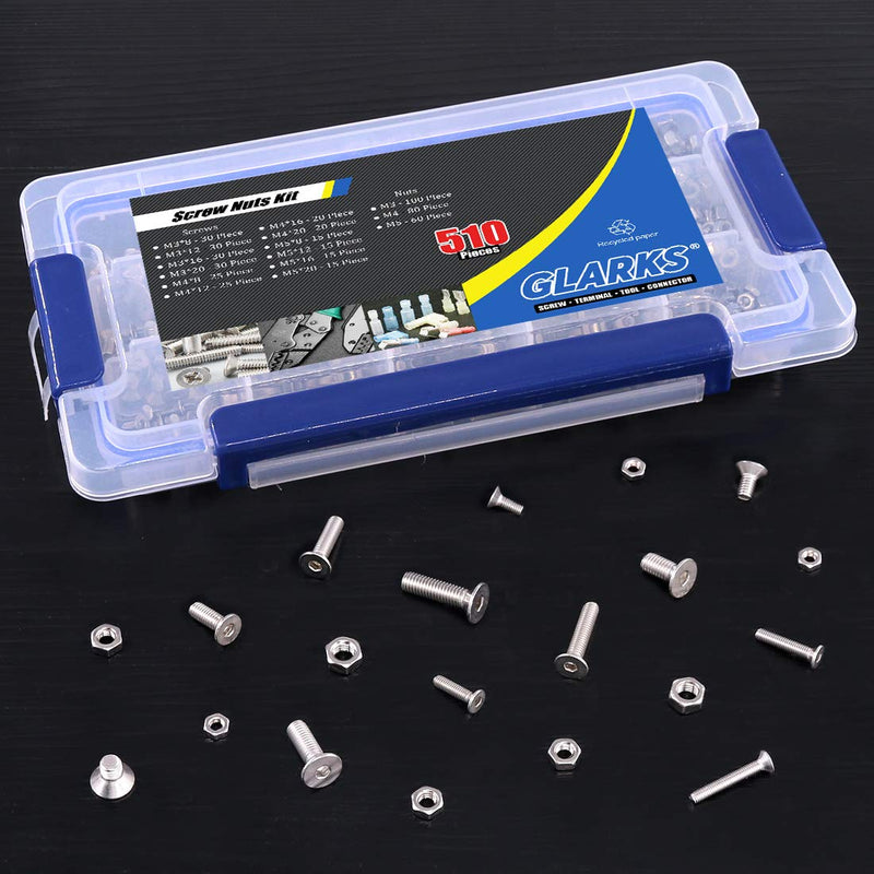 [Australia - AusPower] - Glarks 510Pcs Metric M3 M4 M5 304 Stainless Steel Flat Head Countersunk Socket Cap Bolts Screws Nuts Assortment Kit, Allen Hex Drive Flat Head Socket Cap Screws Set 