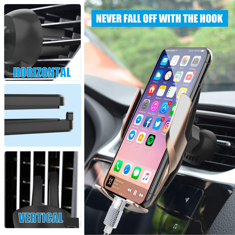 [Australia - AusPower] - Auto-Clamping Wireless Car Charger Mount,Yianerm 2 in 1 Qi 15W/10W/7.5W Fast Wireless Inductive Air Vent/Dashboard Mount Phone Holder Compatible with iPhone 8/8P/X Samsung Galaxy S9+/S8+/S7 Gold 