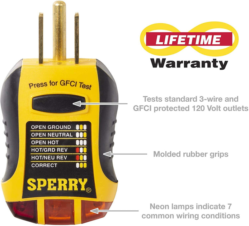 [Australia - AusPower] - Sperry Instruments GFI6302 GFCI Outlet / Receptacle Tester, Standard 120V AC Outlets, 7 Visual Indication / Wiring Legend, Home & Professional Use, Yellow & Black Pack of 1 Yellow/Black 