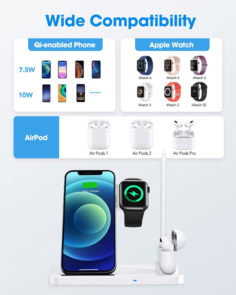 [Australia - AusPower] - TAOHAI 4 in 1 Wireless Charging Station for Apple Products, Fast Charger Stand Compatible with Watch SE 6 5 3 2, AirPods Pro, Pencil and iPhone 12, 11, 11 Pro max, Xr Xs X White 4IN1WHITE 