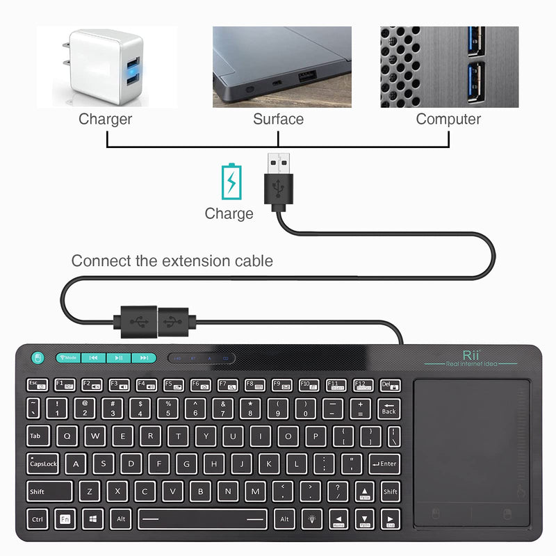 [Australia - AusPower] - (Dual Mode) Rii RT518S Wireless and Bluetooth 2-LED Color Backlit Multimedia Keyboard with Multi-Touch Big Size Trackpad,Rechargable Keyboard for Android TV Box,PC,Tablets,Smart TV, HTPC, IPTV,Windows 2.4GHz+Bluetooth 