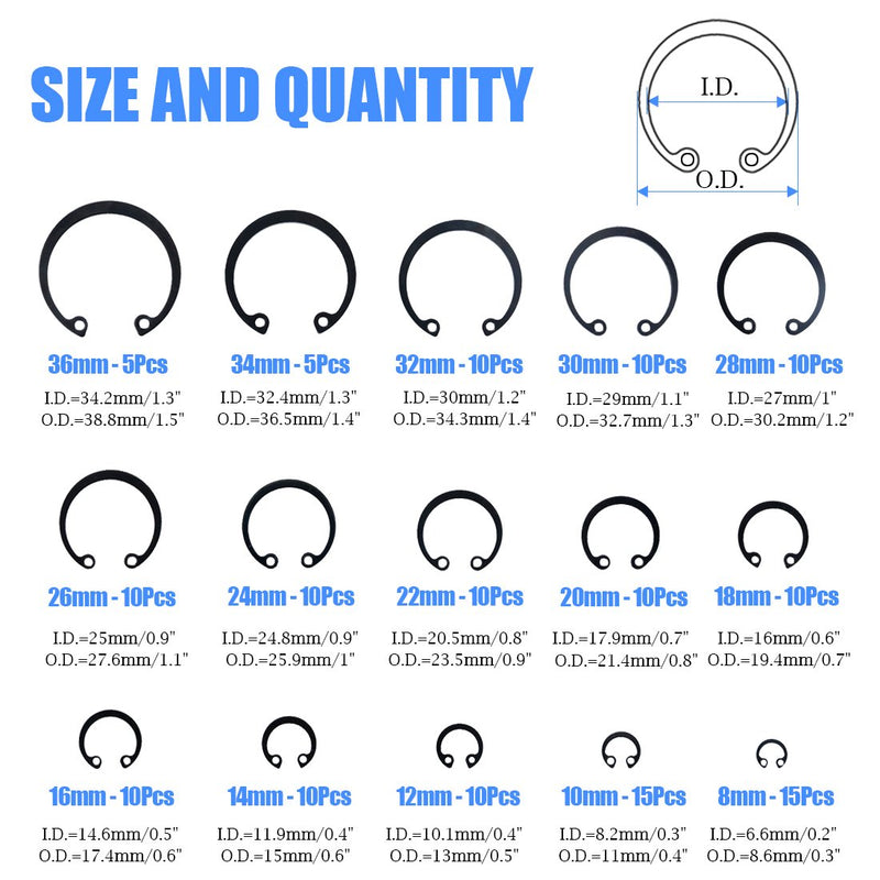 [Australia - AusPower] - Glarks 150-Pieces 15 Size Metric Alloy Steel Internal Circlips Snap Retaining Ring Assortment Kit 