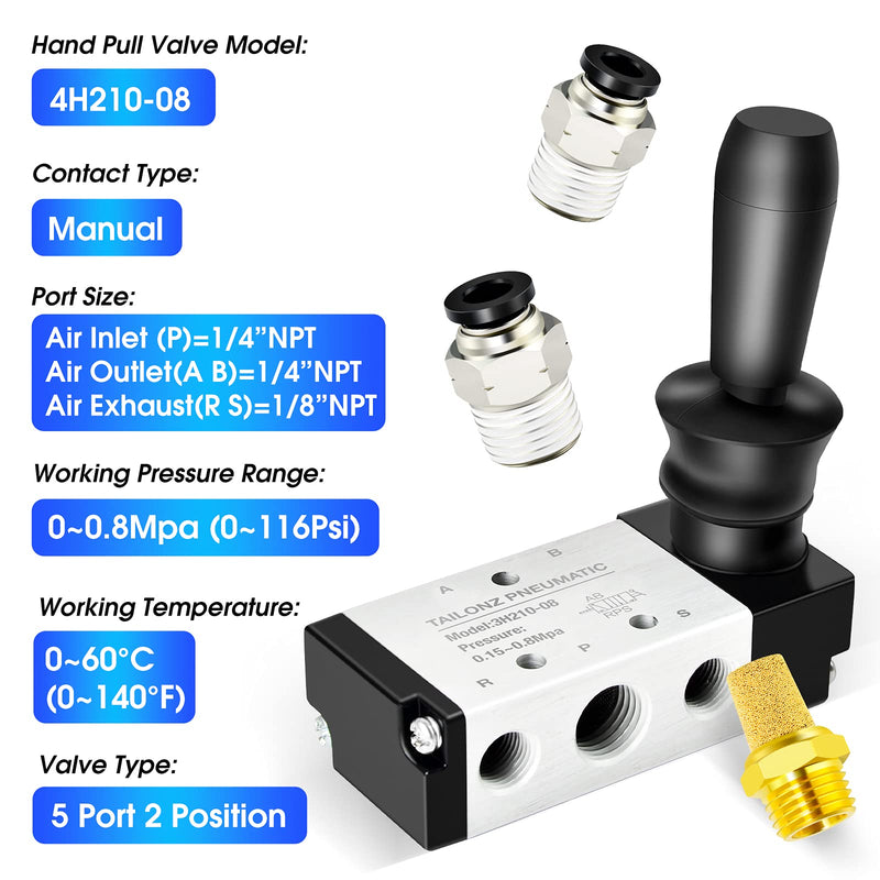 [Australia - AusPower] - TAILONZ PNEUMATIC 1/4"NPT 5 Way 2 Postion Air Hand Lever Operated Valve Pneumatic Solenoid Valve Manual Control Push-Pull 4H210-08 