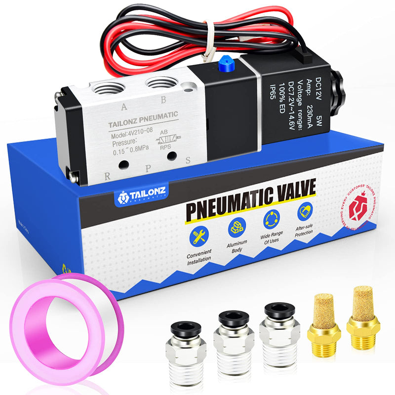 [Australia - AusPower] - TAILONZ PNEUMATIC 1/4"NPT Solenoid Valve 12V/24V/110V Single Coil Pilot-Operated Electric 2 Position 5 Way Connection Type 4V210-08 DC12V 