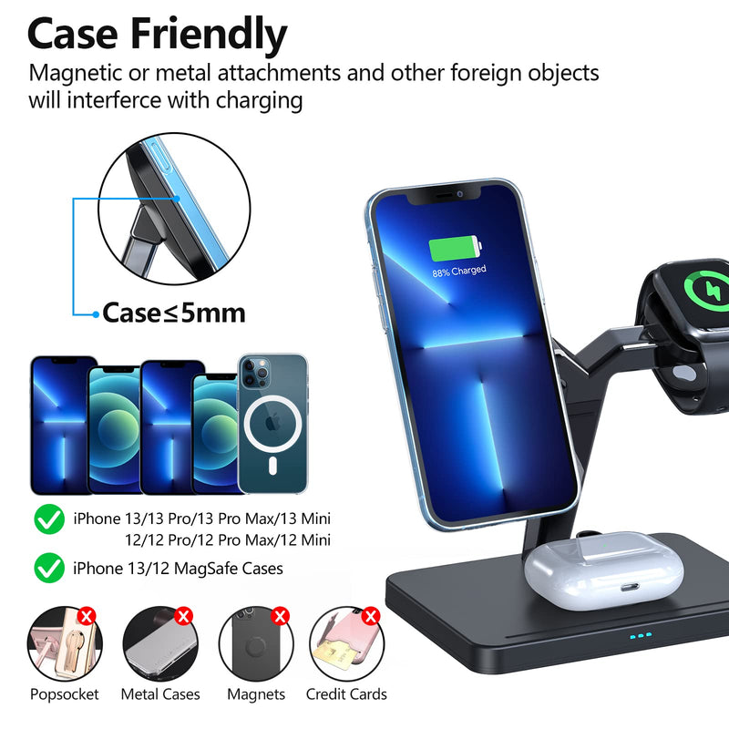 [Australia - AusPower] - Wireless Charger, 4 in 1 Magnetic Wireless Charging Station with QC3.0 Adapter Compatible with iPhone 13, 12, Pro, Pro Max, Mini, iWatch 7/SE/6/5/4/3/2, Airpods 3/2/Pro, Pencil(1st Gen) 