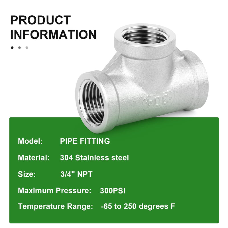 [Australia - AusPower] - TAISHER 2PCS Stainless Steel Tee Pipe Fittings, 3/4" x 3/4" x 3/4" NPT Female Pipe Fittings 3/4 Inch NPT 