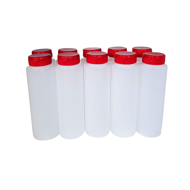 [Australia - AusPower] - kelkaa 8oz HDPE Plastic Squeeze Bottles with Wide Mouth Opening, Red Flip Top Caps for Condiments and Any Thick Liquid Products, Multi-Purpose Refillable Empty Bottles (Pack of 10) 