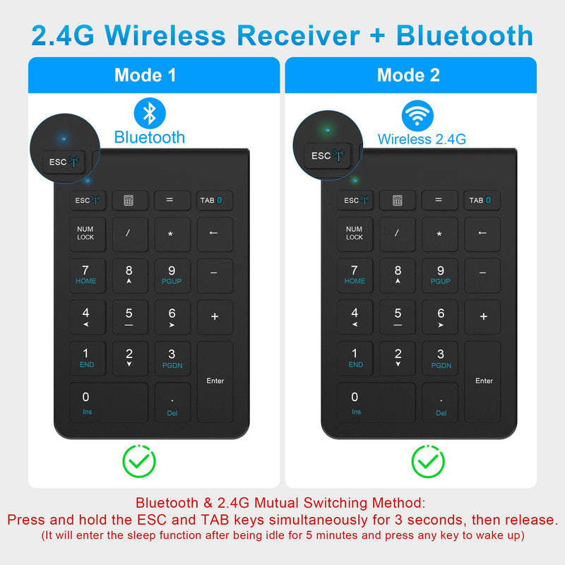 [Australia - AusPower] - Dual Mode (Bluetooth + 2.4 GHz) Wireless Number Pads, Numeric Keypad 22 Keys Portable Numpad Financial Accounting Number Keyboard Extensions Wireless 10 Key for Laptop, PC, Desktop,Notebook 