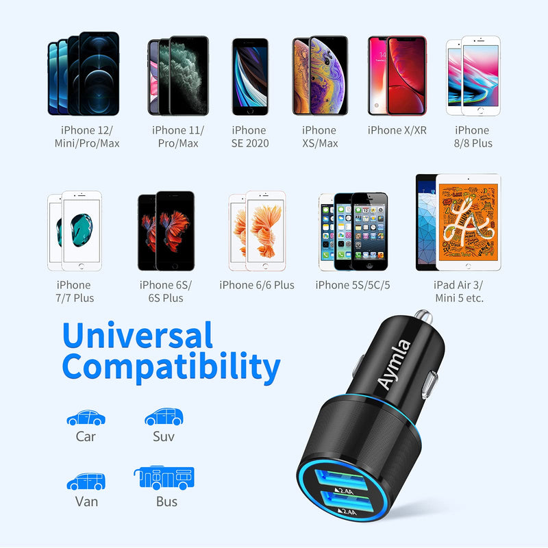 [Australia - AusPower] - 2 Pack Fast USB Car Charger, Aymla 4.8A/24W Automobile Charger Compatible for iPhone 13/12/11/Pro/Max/XS/XR/X/8/Plus/7/6/6S/5/SE/2020, iPad Air 3/2/Mini 3 Cigarette Lighter USB Charger Dual 2.4A Port 