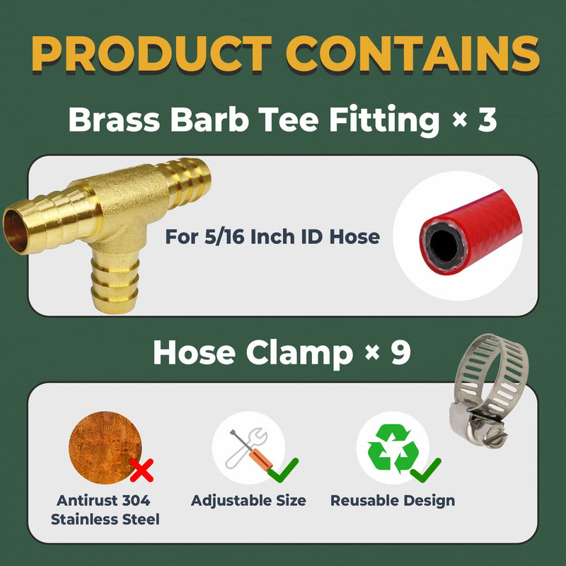 [Australia - AusPower] - LIONMAX 3 Way Union Barb T Fitting 3 PCS, 5/16" x 5/16" x 5/16" ID Hose Barb, Brass Hose Barb Tee Fittings, with 9 Hose Clamps, for Water/Fuel/Air 