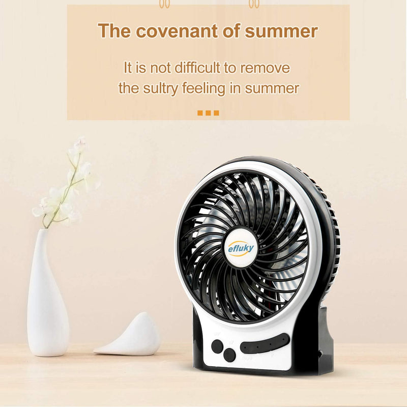 [Australia - AusPower] - efluky 3 Speeds Mini Desk Fan, Rechargeable Battery Operated Fan with LED Light and 2200mAh Battery, Portable USB Fan Quiet for Home, Office, Travel, Camping, Outdoor, Indoor Fan, 4.9-Inch, Black 