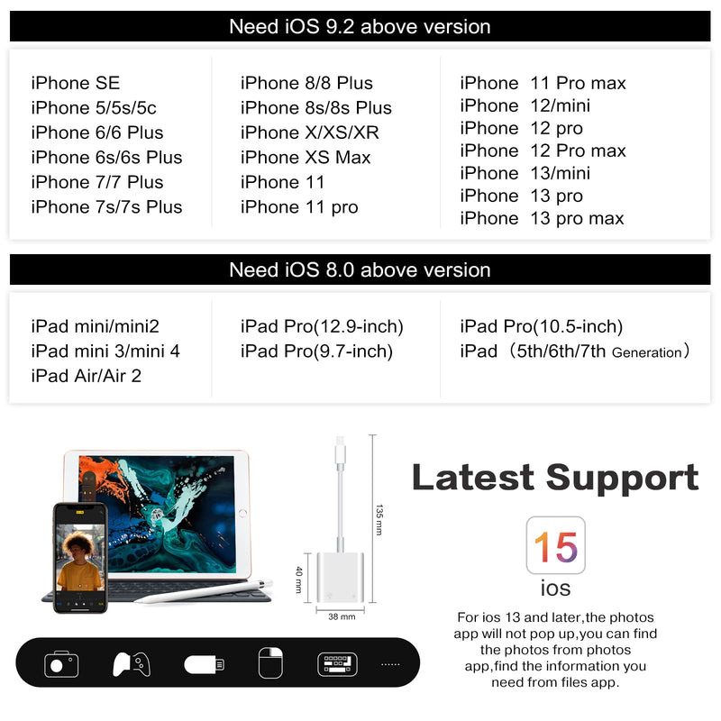 [Australia - AusPower] - USB Camera Adapter with Charging Port, Portable USB Female OTG Adapter Compatible with iPhone iPad, iPad to USB Adapter Plug and Play Support Card Reader 