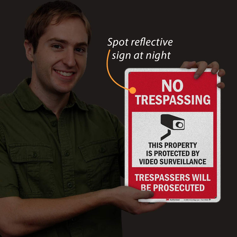 [Australia - AusPower] - SmartSign 14 x 10 inch “No Trespassing - Property Protected by Surveillance, Trespassers Prosecuted” Metal Sign, 40 mil Aluminum, Engineer Grade Reflective Material, Red, Black and White 10" x14" Reflective Aluminum 