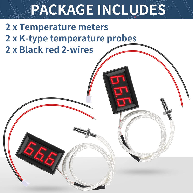 [Australia - AusPower] - 2 Pieces -30-800 Degree Centigrade Digital Temperature Meter with 0.5 m K-Type Thermocouple Temperature Sensor and 2-Wires Reverse Polarity Protection with Red LED Display Black Case 