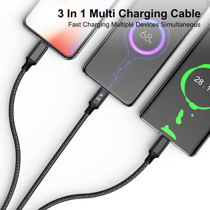 [Australia - AusPower] - Multi Charging Cable 3 in 1 Fast Charging Cord 5A Nylon Braided USB Cable Multiple Charger 5A Type-C Compatible with Most Smart Phones & Pads - 3.3 ft /3 Packs 