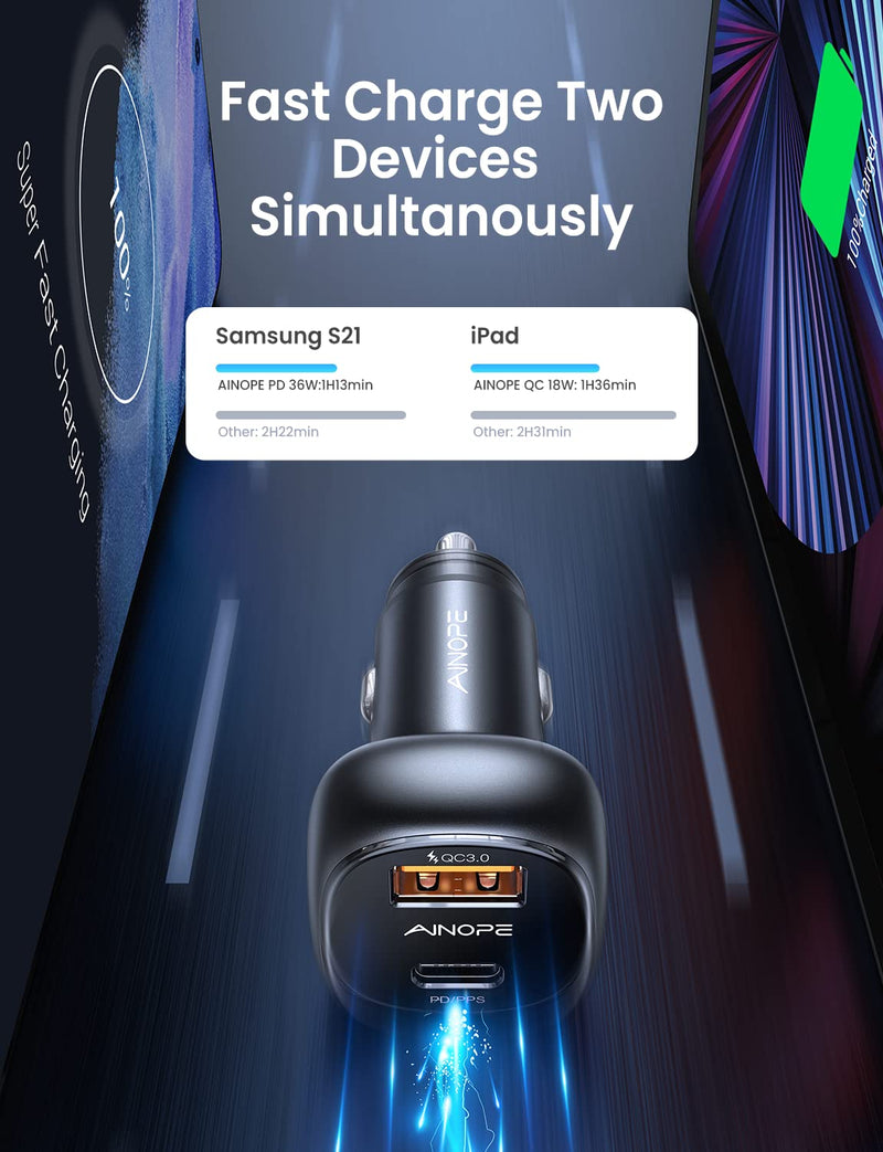 [Australia - AusPower] - 54W USB C Car Charger Adapter Fast Charge, PPS QC PD3.0 Super Fast & Metal AINOPE Car Charger USB C 2-Port Charging Compatible with MacBook, Samsung S21/S22, iPhone 13/12 Pro/Max/12 Mini/11, iPad Pro 