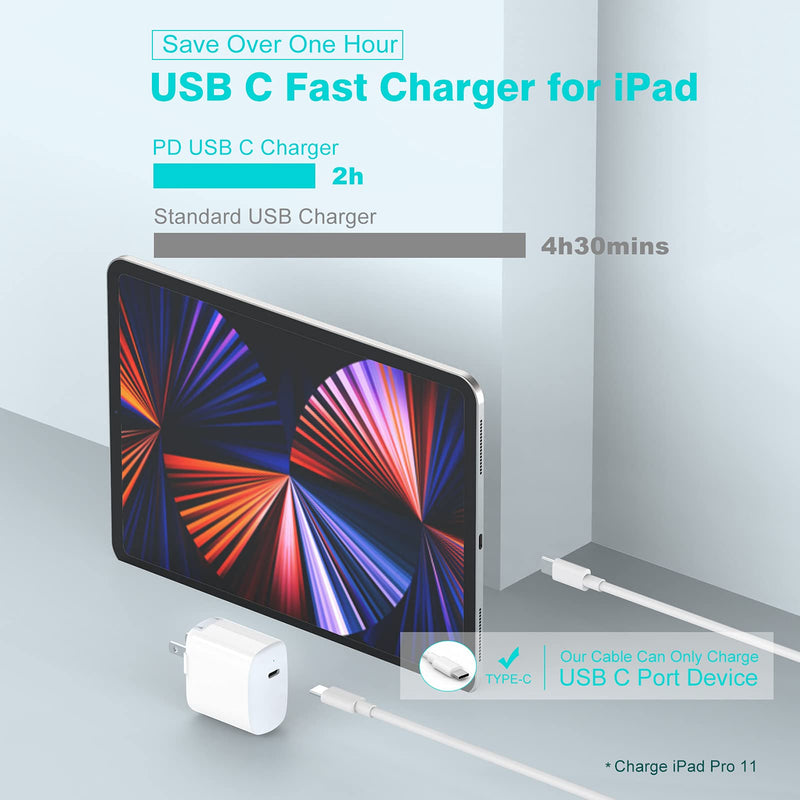 [Australia - AusPower] - 20W USB C Charger for iPad Pro 12.9/11 inch 2021 2020 2018, iPad Mini 6, iPad Air 4, Google Pixel 6 6Pro 5 4 3 2 XL 3A 4A, LG, Galaxy, Fast Power Adapter Block, Wall Plug, Foldable, LED, 6.6ft Cable 