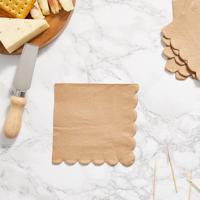 [Australia - AusPower] - Paper Cocktail Napkins, Scalloped Edge for Party (5x5 In, Kraft Brown, 100 Pack) 