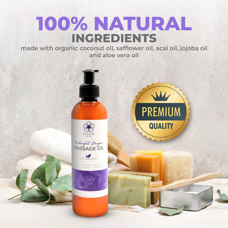 [Australia - AusPower] - Therapeutic Body Massage Oil - Safflower & Organic Coconut Oils for Sore Muscles & Stiffness – Acai Berry for Anti Cellulite - All Natural - Made in USA by Fleur De Spa - 8oz Midnight Dragon 