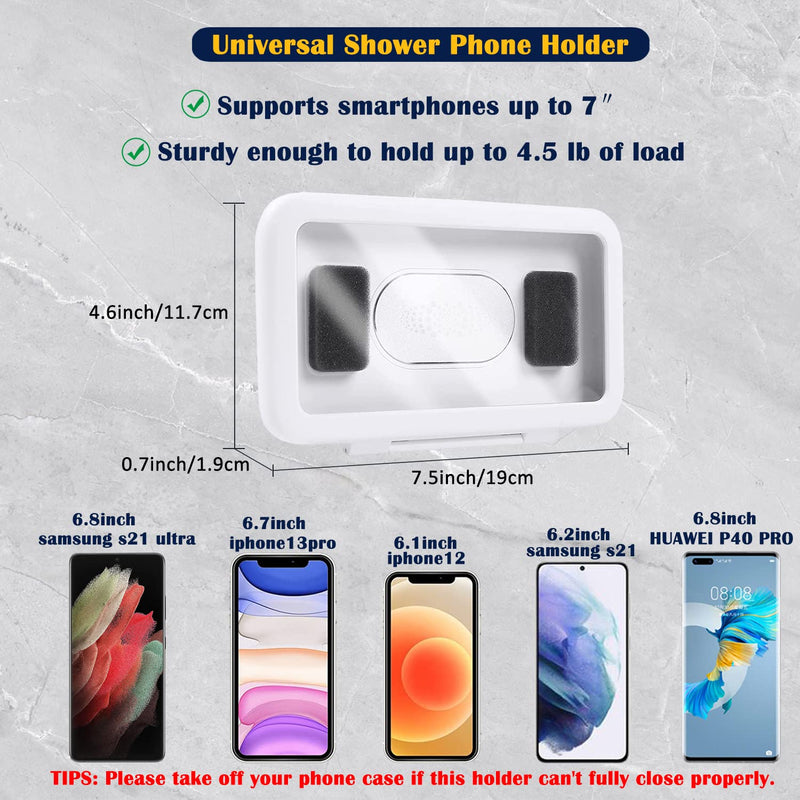 [Australia - AusPower] - Shower Phone Holder Waterproof 480° Rotation Shower Phone Mount Anti Fog Touch Screen Shower Phone Case Stand Wall Mount for Bathroom Samsung iPhone 11 12 13 Pro Max Universal Shower Accessories White 