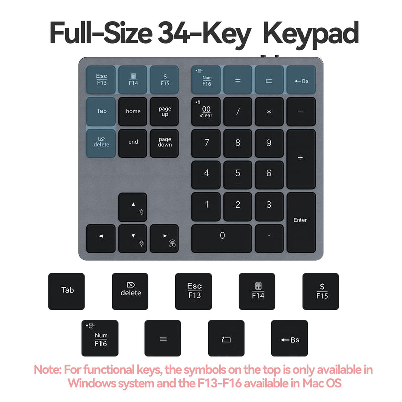 [Australia - AusPower] - Doohoeek Backlit Bluetooth Numeric Keypad for Laptops and Computers, Number Pads 34 Keys with 7-Color Backlight for MacBook & Windows, Gray Space Grey 