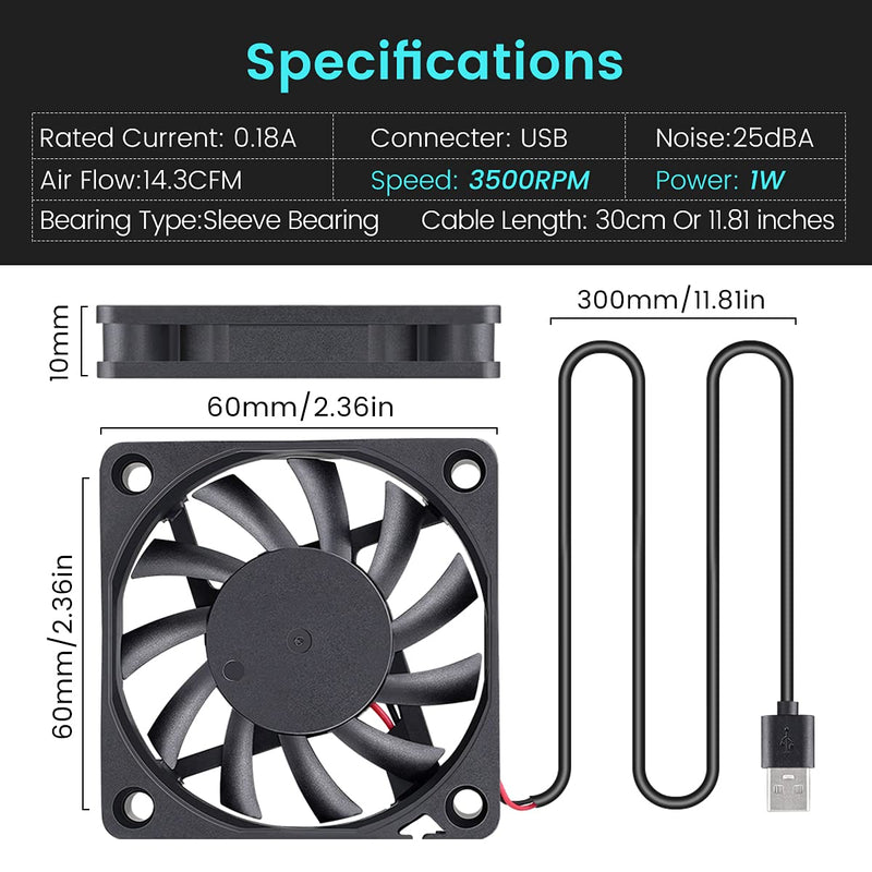 [Australia - AusPower] - 2 Packs Wathai 60mm x 10mm USB Fan 5V DC Brushless Cooling Fan 