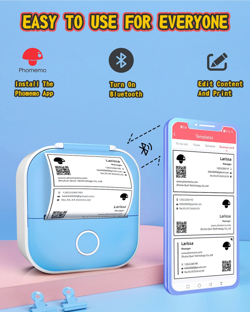 [Australia - AusPower] - Odaro T02 Inkless Mini Thermal Pocket Printer, Bluetooth Wireless Mobile Small Printer, Portable Sticker Printer for Memo, Notes, Photos, Journal, Gift for Kid, Blue with 1 Roll White Label Paper 