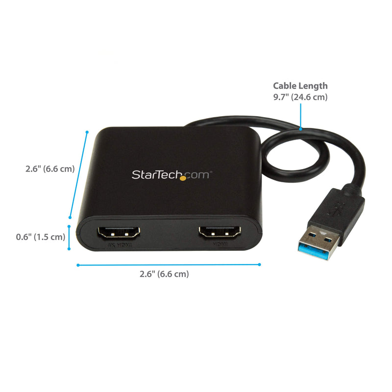 [Australia - AusPower] - StarTech.com USB 3.0 to Dual HDMI Adapter - 1x 4K 30Hz & 1x 1080p - External Video & Graphics Card - USB Type-A to HDMI Dual Monitor Display Adapter - Supports Windows Only - Black (USB32HD2) 2x HDMI | USB 3.0 | Windows Only 