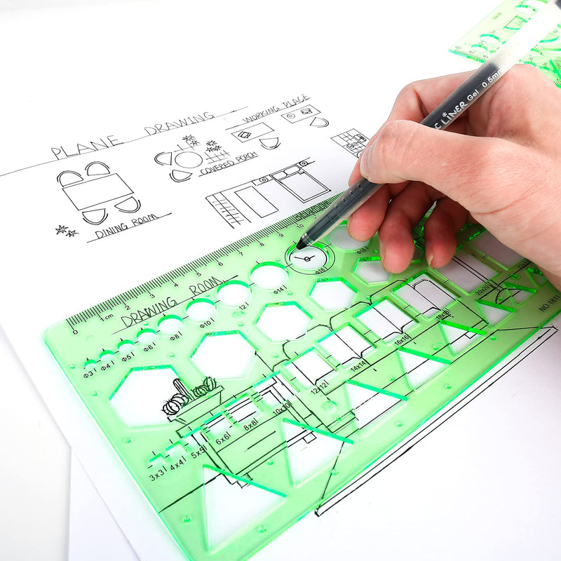 [Australia - AusPower] - 11PCS Geometric Drawings Templates, Drafting Stencils Measuring Tools, BetyBedy Plastic Clear Green Ruler Shapes with a Zipper Bags for Architecture, Office, Studying, Designing and Building 