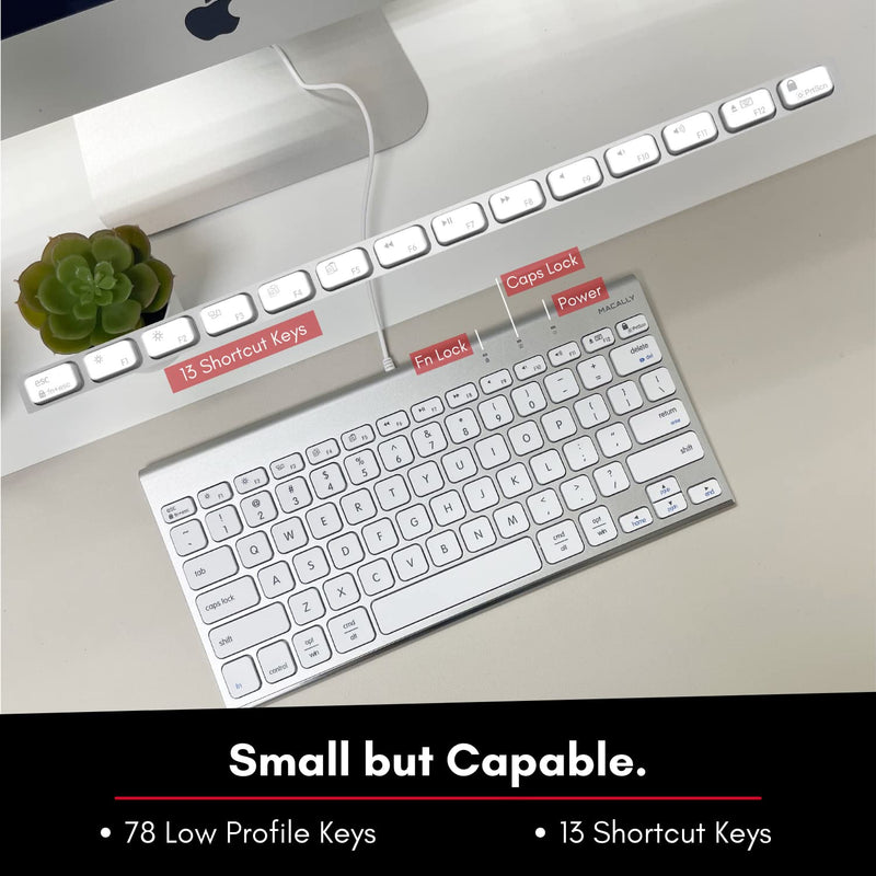 [Australia - AusPower] - Macally USB Wired Keyboard for Mac and Windows PC - Space Saving Compatible Small Apple Keyboard - 78 Keys External Mac Keyboard for MacBook Pro/Air, iMac, Desktop Mac Mini - Silver Aluminum 