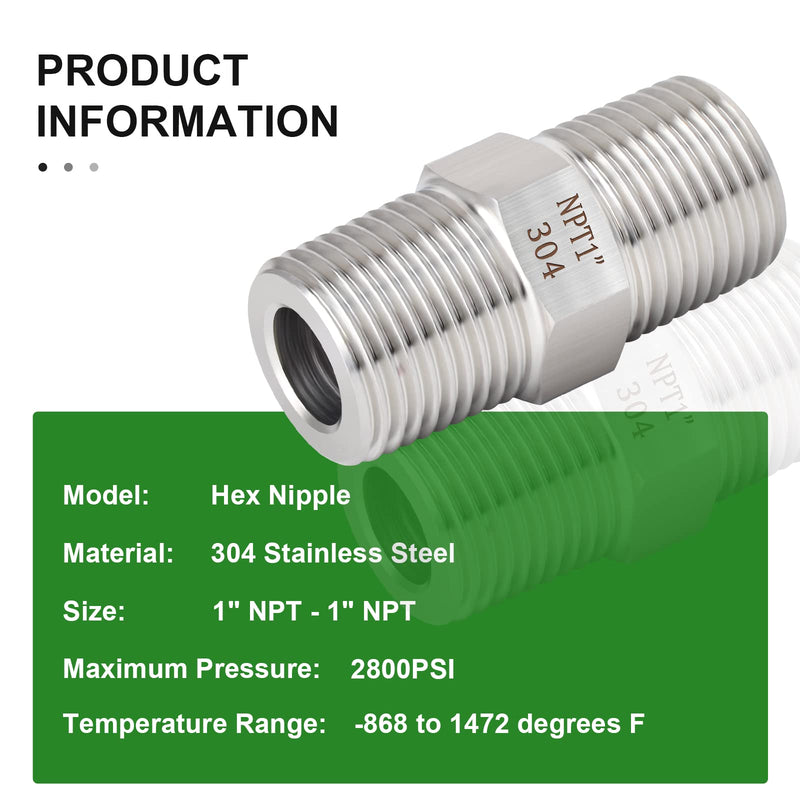 [Australia - AusPower] - TAISHER 2PCS 304 Stainless Steel Hex Nipple, Pipe Fitting 1-Inch Male Pipe x 1-Inch Male Pipe 1" NPT x 1" NPT 2 