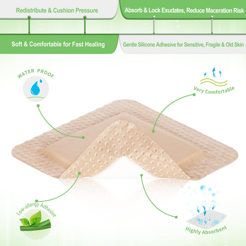 [Australia - AusPower] - Silicone Adhesive Foam Dressing with Gentle Border 4''x4'' for Bed Sore Leg Ulcer 10 Pack, High Absorbency Waterproof Silicone Wound Bandage for Foot Diabetic Ulcer 4x4 Inch (Pack of 10) 