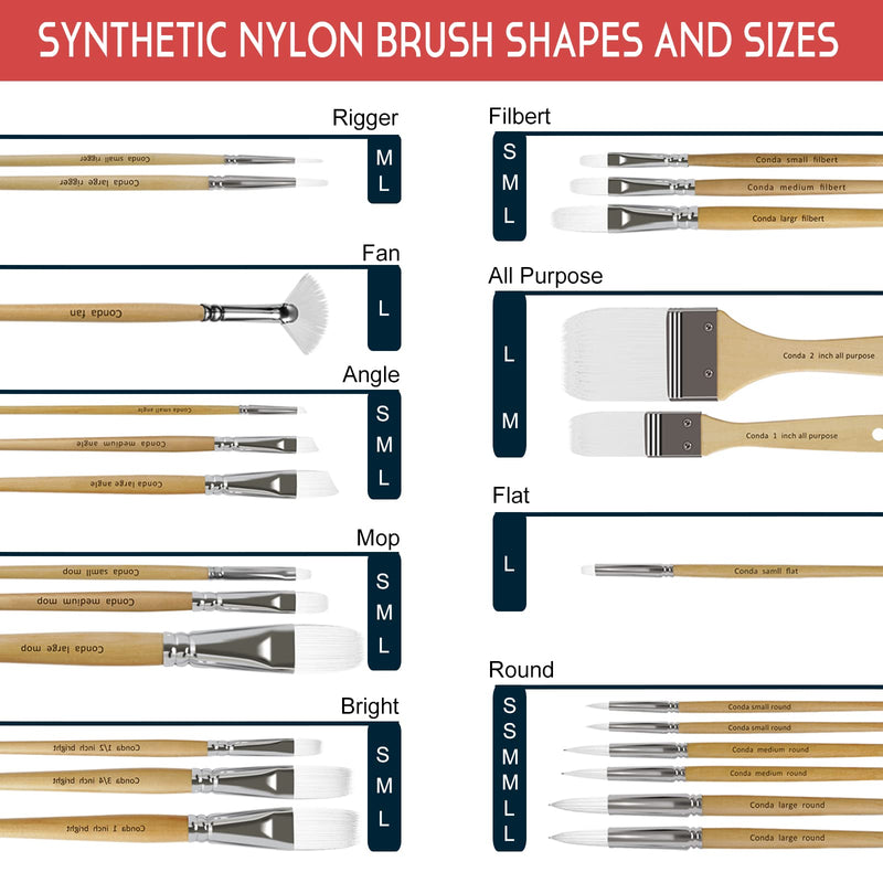 [Australia - AusPower] - CONDA Paint Brushes Set of 24 Different Shapes Ergonomic Professional Wood Handles with Organizing Case for Acrylic Oil Watercolor, Rock Painting A1000789 