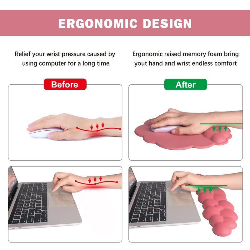 [Australia - AusPower] - Lauspuck Cloud Keyboard Wrist Rest and Mouse Pad with Wrist Support Set, Ergonomic PU Leather Mouse Pads, Pain Relief Memory Foam Non-Slip for Computer,Laptop, Morandi Red 