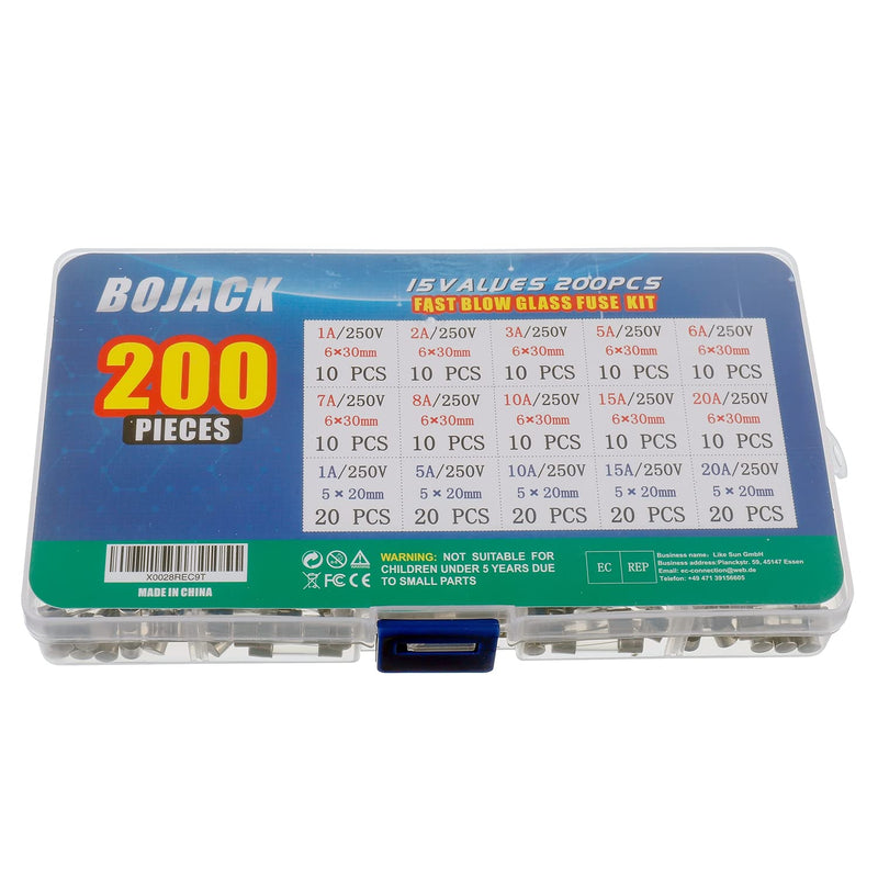[Australia - AusPower] - BOJACK 15 Values 200 pcs Fast-Blow Glass Fuses Assortment Kit 5x20mm 250V 1 5 10 15 20A 6x30mm 250V 1 2 3 5 6 7 8 10 15 20A amp packag in a Clear Plastic Box 