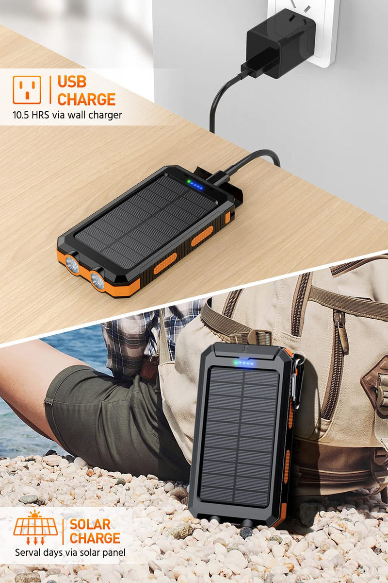 [Australia - AusPower] - Power-Bank-Portable-Charger-Solar - 36800mAh Waterproof Portable External Backup Battery Charger Built-in Dual QC 3.0 5V3.1A Fast USB and Flashlight for All Phone and Electronic Devices (Orange) Orange 