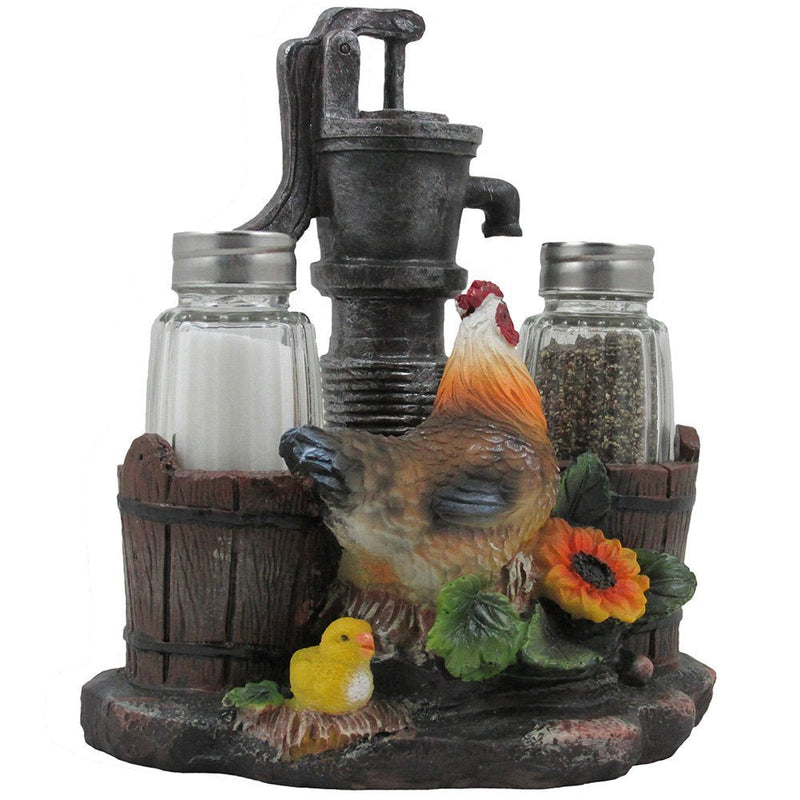 [Australia - AusPower] - Farm Chicken and Old Fashioned Water Pump Glass Salt and Pepper Shaker Set with Holder Figurine in Country Kitchen Rooster Decor, Sculptures and Statues and Rustic Gifts for Farmers 