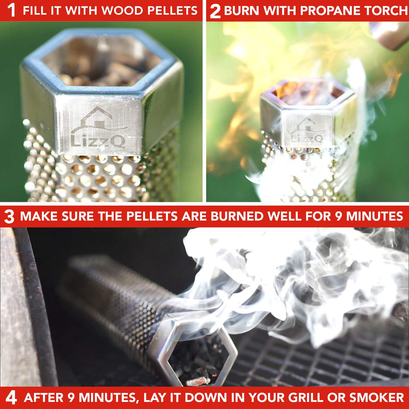 [Australia - AusPower] - LIZZQ Premium Pellet Smoker Tube 12 inches - 5 Hours of Billowing Smoke - for Any Grill or Smoker, Hot or Cold Smoking - An Easy and Safe Way to Provide Smoking - Free eBook Grilling Ideas and Recipes 
