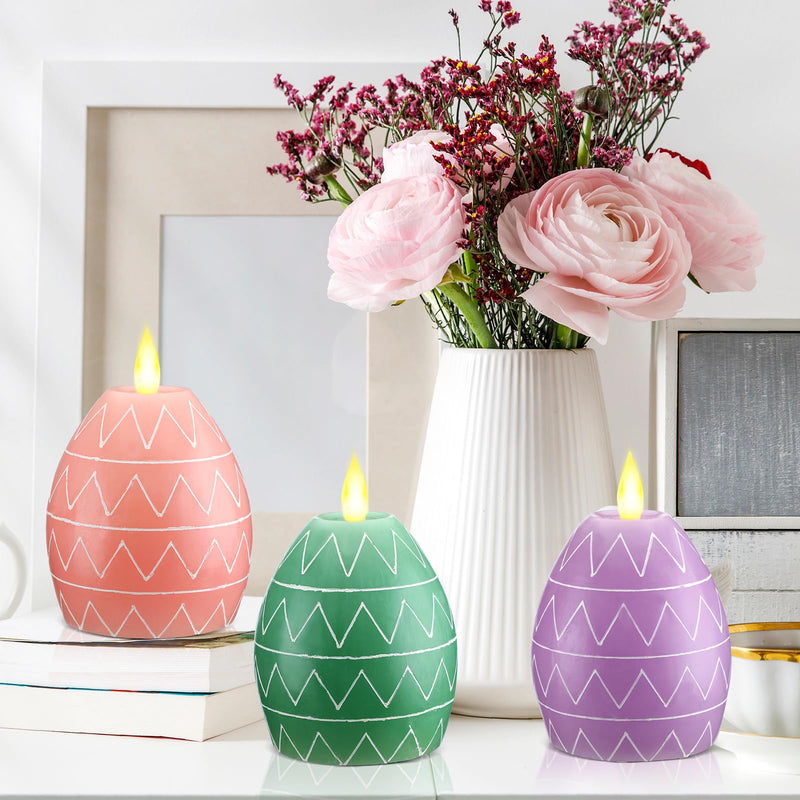 [Australia - AusPower] - MTLEE 3 Pcs Easter Flameless Candles Egg Figural Flameless Candle Egg LED Battery Candles with Remote Timer Easter Candles for Easter Party Holiday Decoration Centerpiece (3.6" x 4.8") 