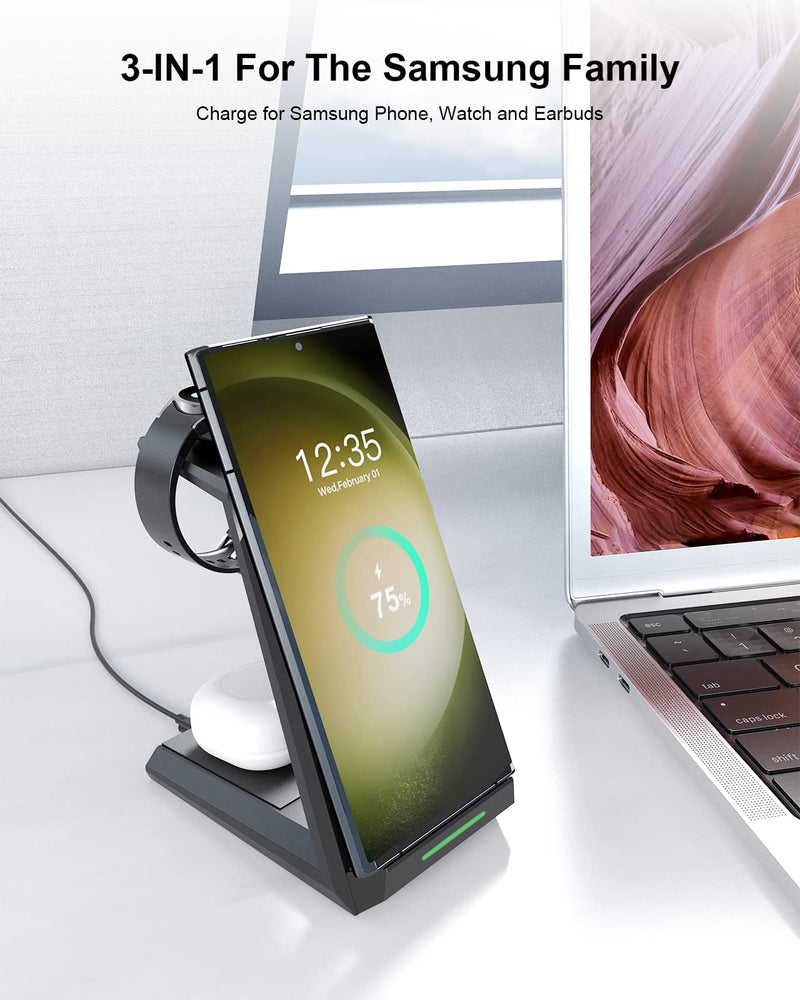 [Australia - AusPower] - Wireless Charger for Samsung - NANAMI 3 in 1 Charging Station for Multiple Devices, Fast Charger Stand Dock for Galaxy S23 Ultra S22 S21 S20 Z Flip Fold 4, Galaxy Watch 5/5 Pro/4/3, Galaxy Buds 2 Pro Black 