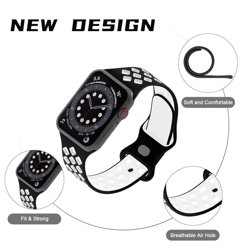 [Australia - AusPower] - Sport Bands Compatible with Apple Watch Bands 38mm 40mm 41mm 42mm 44mm 45mm,Soft Silicone Breathable Wristbands Replacement Strap with Classic Clasp for iWatch Series SE 7 6 5 4 3 2 1 for Women Men 42mm/44mm/45mm Black White 