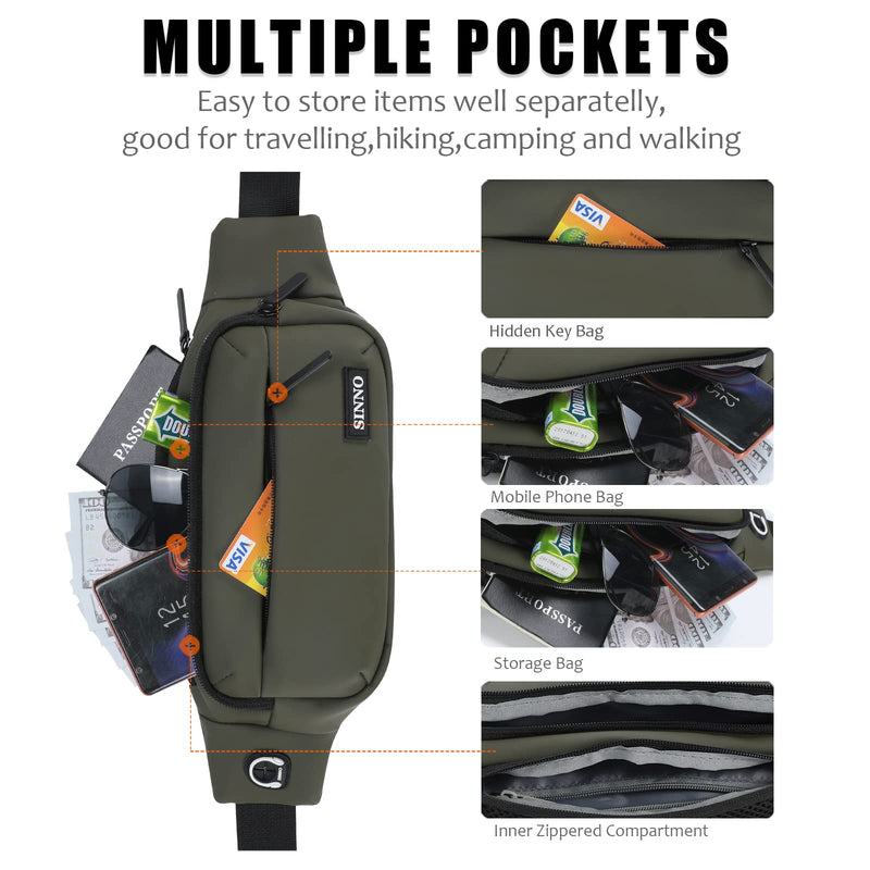 [Australia - AusPower] - SINNO Large Fanny Pack With 4-Zipper Pockets for Running Hiking Travel Workout Dog Walking Outdoors Sport Fishing Waist Pack Bag PU-Army Green(4 Zipper Pockets) 