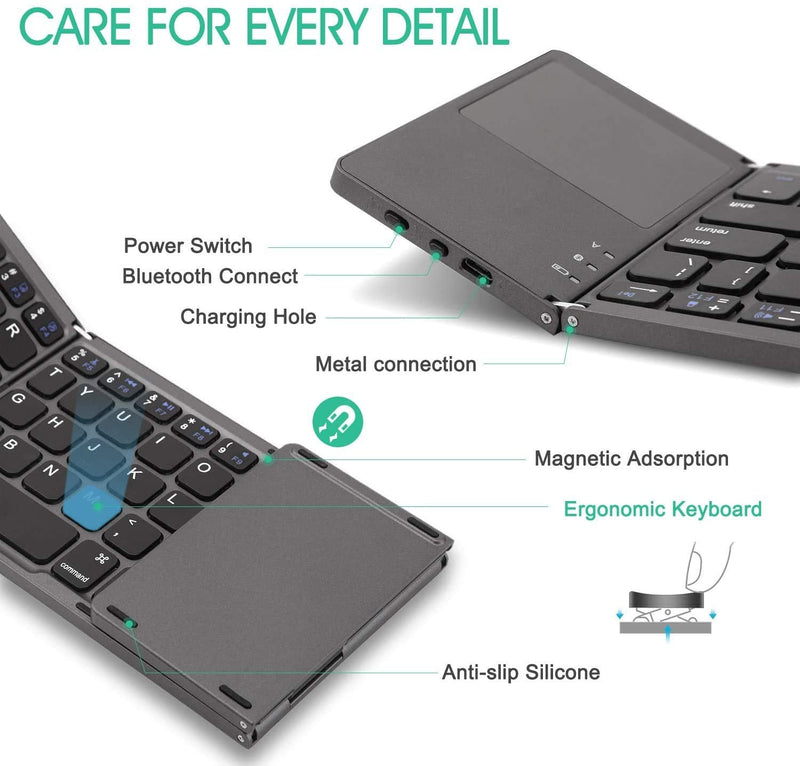 [Australia - AusPower] - Foldable Bluetooth Keyboard, Gimibox Pocket Size Portable Mini BT Wireless Keyboard with Touchpad for Android, Windows, PC, Tablet, with Rechargeable Li-ion Battery-Dark Gray 