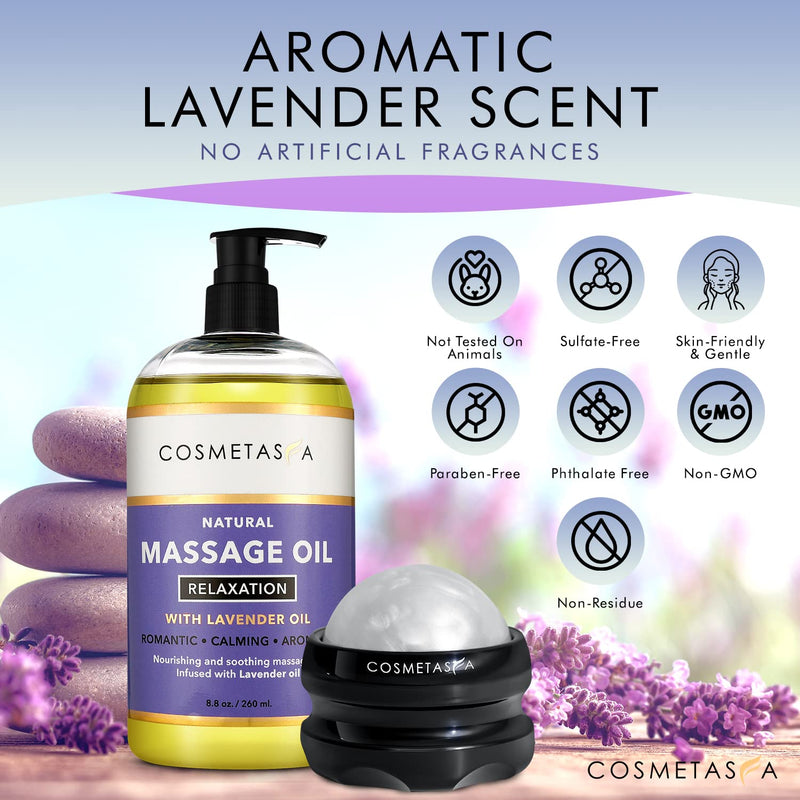 [Australia - AusPower] - Sensual Lavender Massage Oil with Massage Roller Ball - No Stain 100% Natural Blend of Spa Quality Oils for Romantic, Calming, Aromatic, Soothing Massage Therapy 