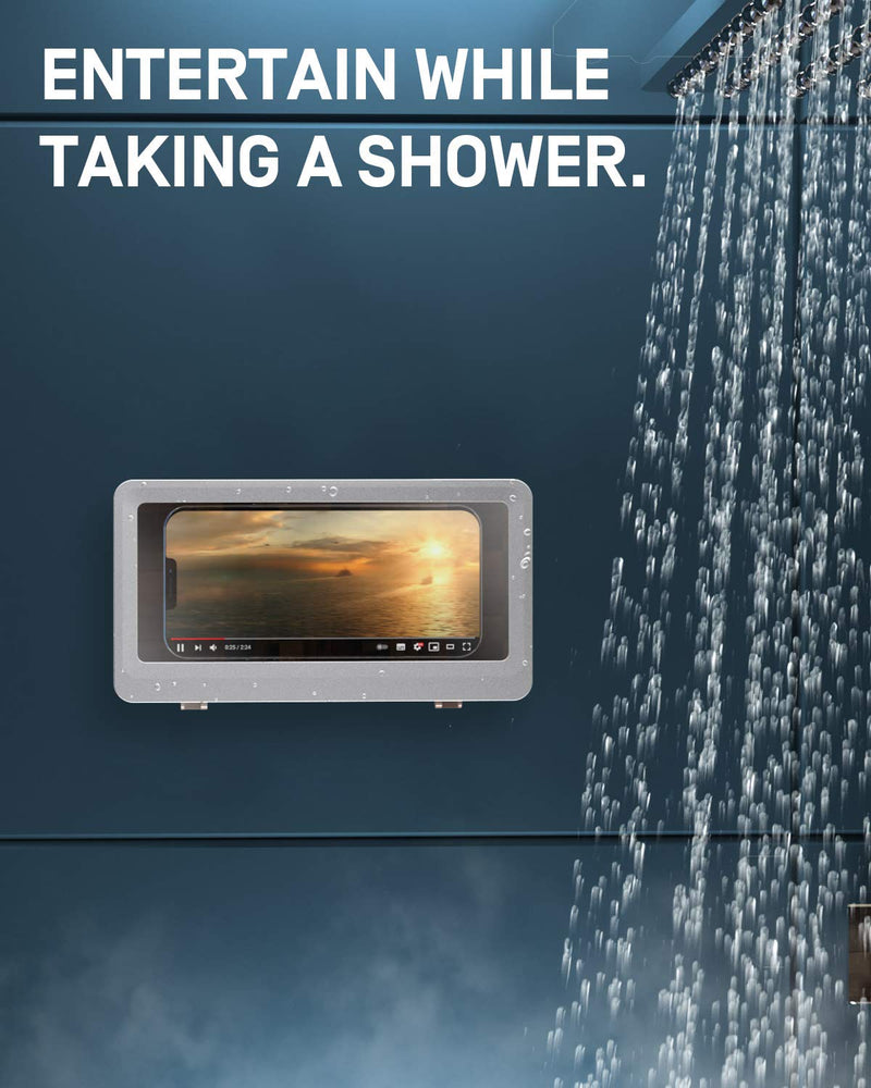 [Australia - AusPower] - MoKo Shower Phone Holder, Waterproof Phone Wall Mount for Bathroom Bathtub Kitchen with Touchable Screen Wall Stickers Fits with iPhone 13/13 Pro, Galaxy S21, Smartphone up to 6.8", White & Chocolate White + Chocolate 