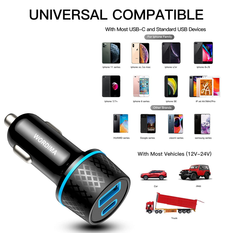 [Australia - AusPower] - USB Car Charger, WORDIMA USB C Car Charger PD20W/PPS20W & QC3.0 18W/SCP22.5W Car Adapter, Compatible with iPhone13 pro max/iPad Pro/Samsung/Google Pixel/Oneplus (Black) 