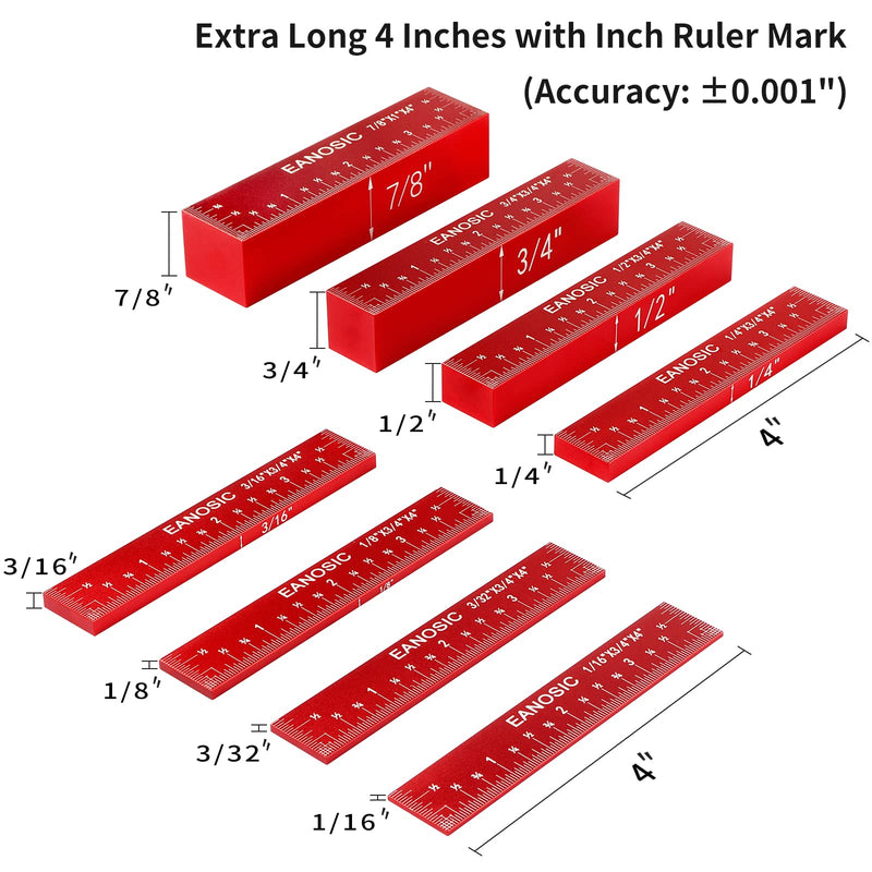 [Australia - AusPower] - EANOSIC Setup Blocks Height Gauge Set, 8pcs Precision Aluminum Setup Bars for Router and Table Saw Accessories Woodworking Set Up, Bars Include Laser Engraved Size Markings (Extra Long 4 Inch) 