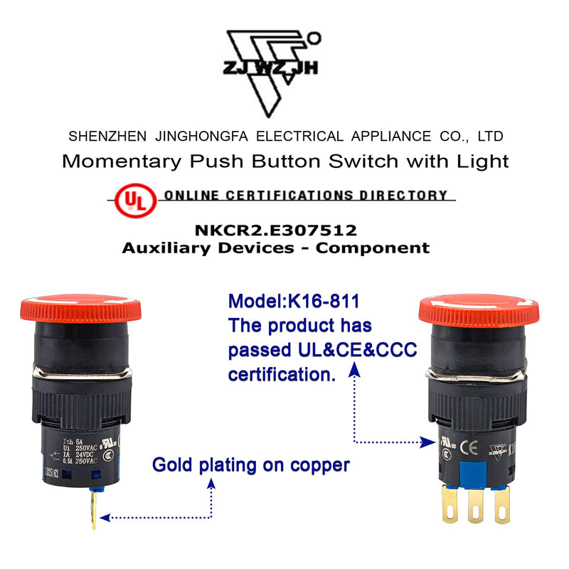 [Australia - AusPower] - 16mm Emergency Stop Button Switch Latching Red Mushroom Cap Toggle Switch E-Stop Button 1NO1NC / 2NO2NC ON Off 5A Power Off with Protection Cover with Plug 1NO1NC SPDT 3PIN Transparent protective cover 