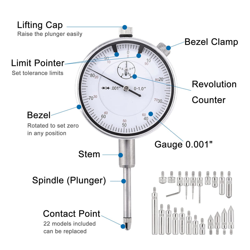 [Australia - AusPower] - Mornajina Dial Indicator with Magnetic Base 0-1.0" Tester Gage, Dial Test Indicator 0.001" Precision, Magnetic Dial Indicator Base Holder with Fine Adjustment 1) 0-1.0" Tester Gage, 0.001" Precision 