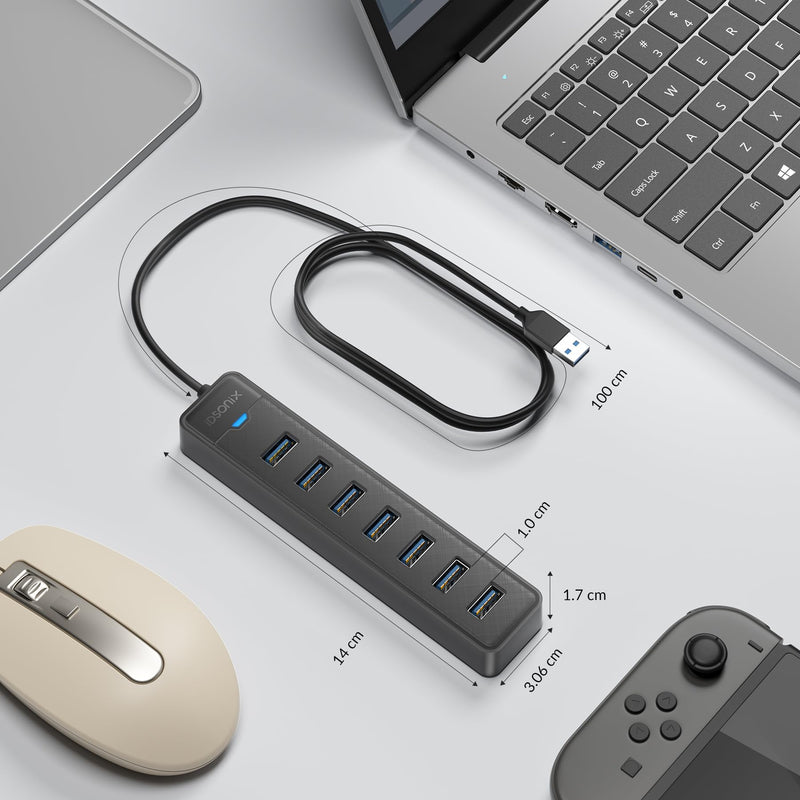 [Australia - AusPower] - iDsonix 7 Prots USB Hub 3.0 [3.3Ft] USB Expander Hub 5Gbps USB Splitter Multiport Adapter, USB Hub Long Cable for PC, Laptop, Flash Drive, Mobile HDD, Windows/XPS, 1m 3.3Ft（100cm） 